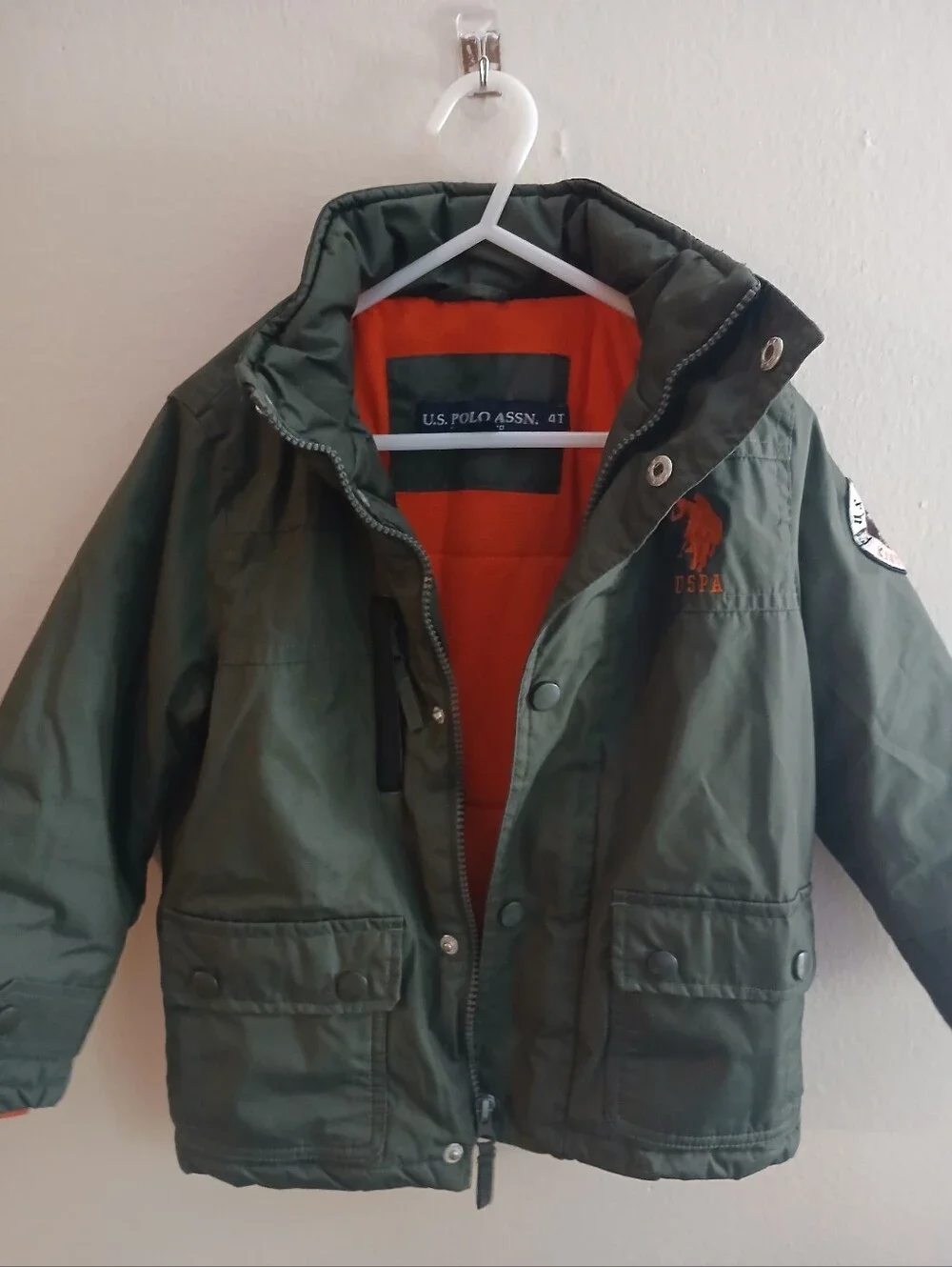 U.S. Polo Assn. Olive Green Puffer Jacket with Orange Accents